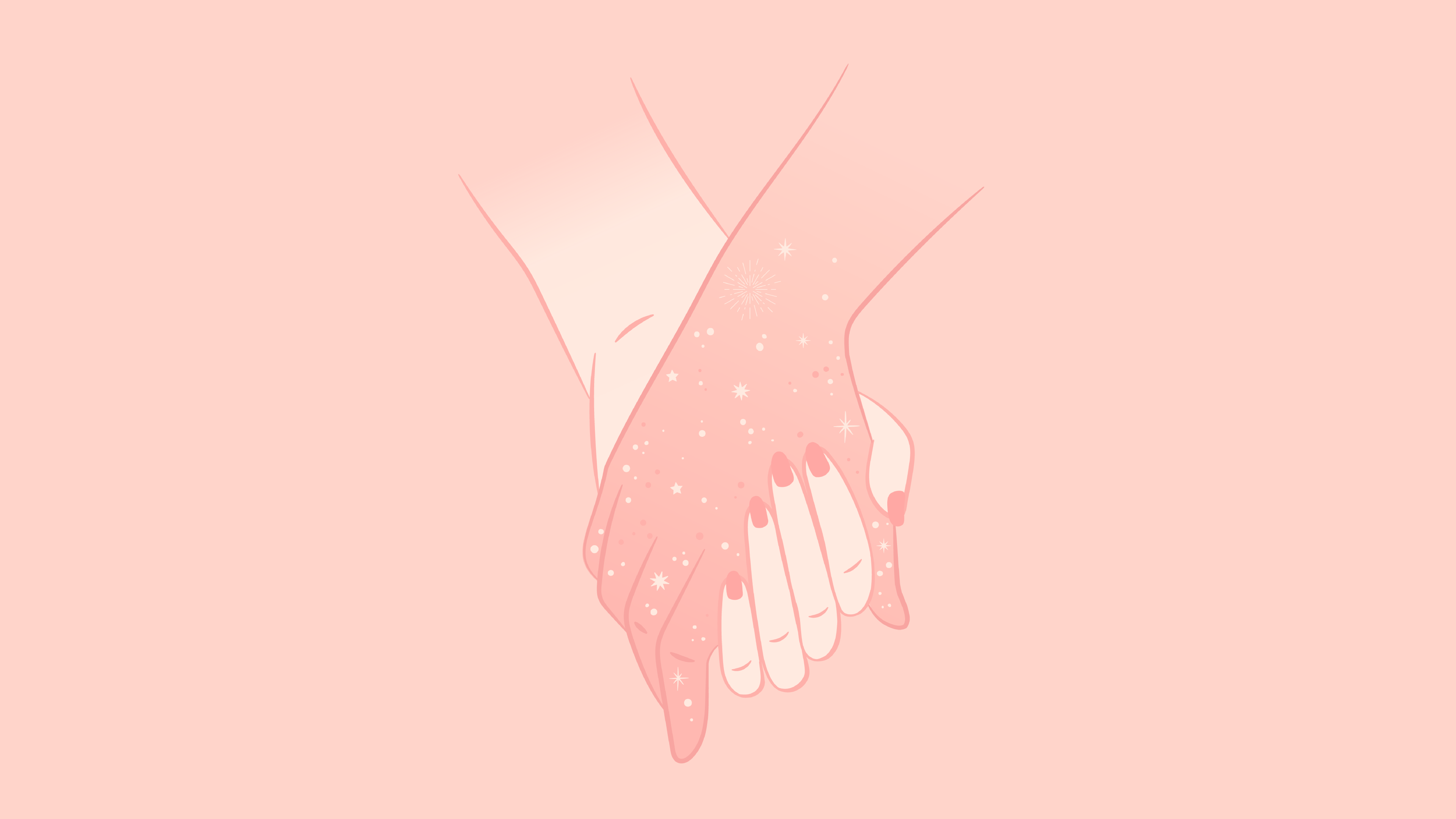 Pink illustration with two hands holding each other.