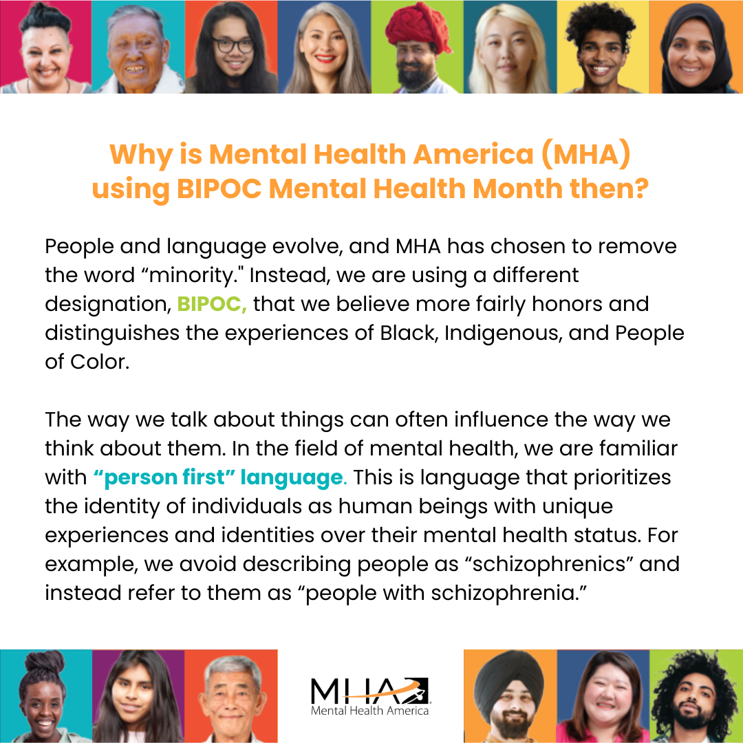 People and langage evolve, and MHA has chosen to remove the word minority. Instead, we use BIPOC that we believe more fairly honors and distinguishes experiences of Black, Indigenous, and People of Color.