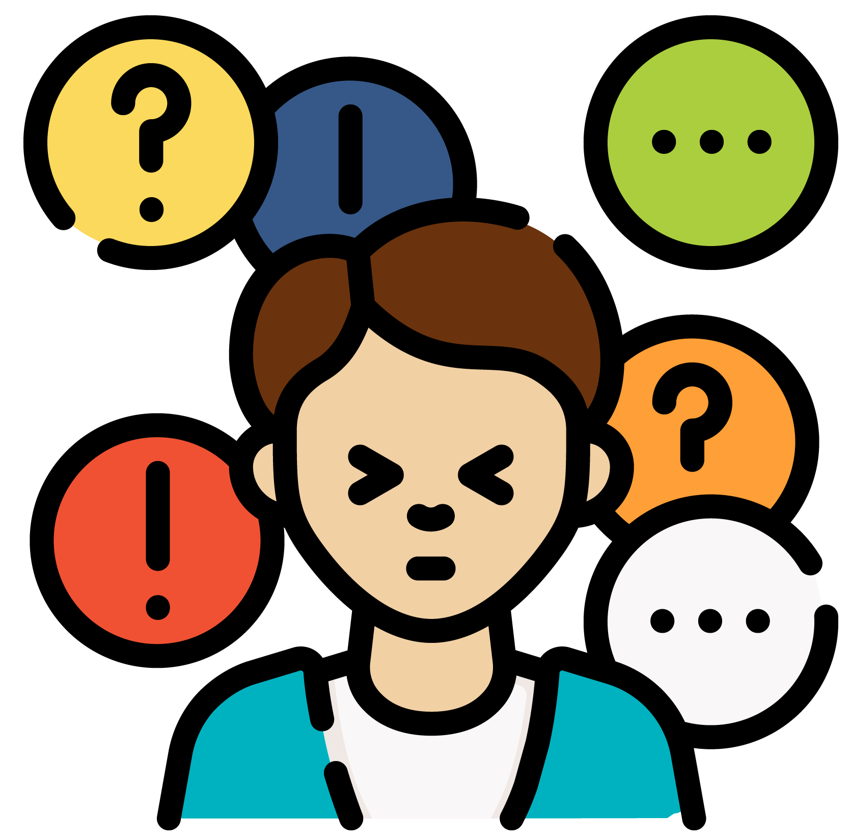 icon of a person squinting surrounded by several different-colored thought and chat-bubbles