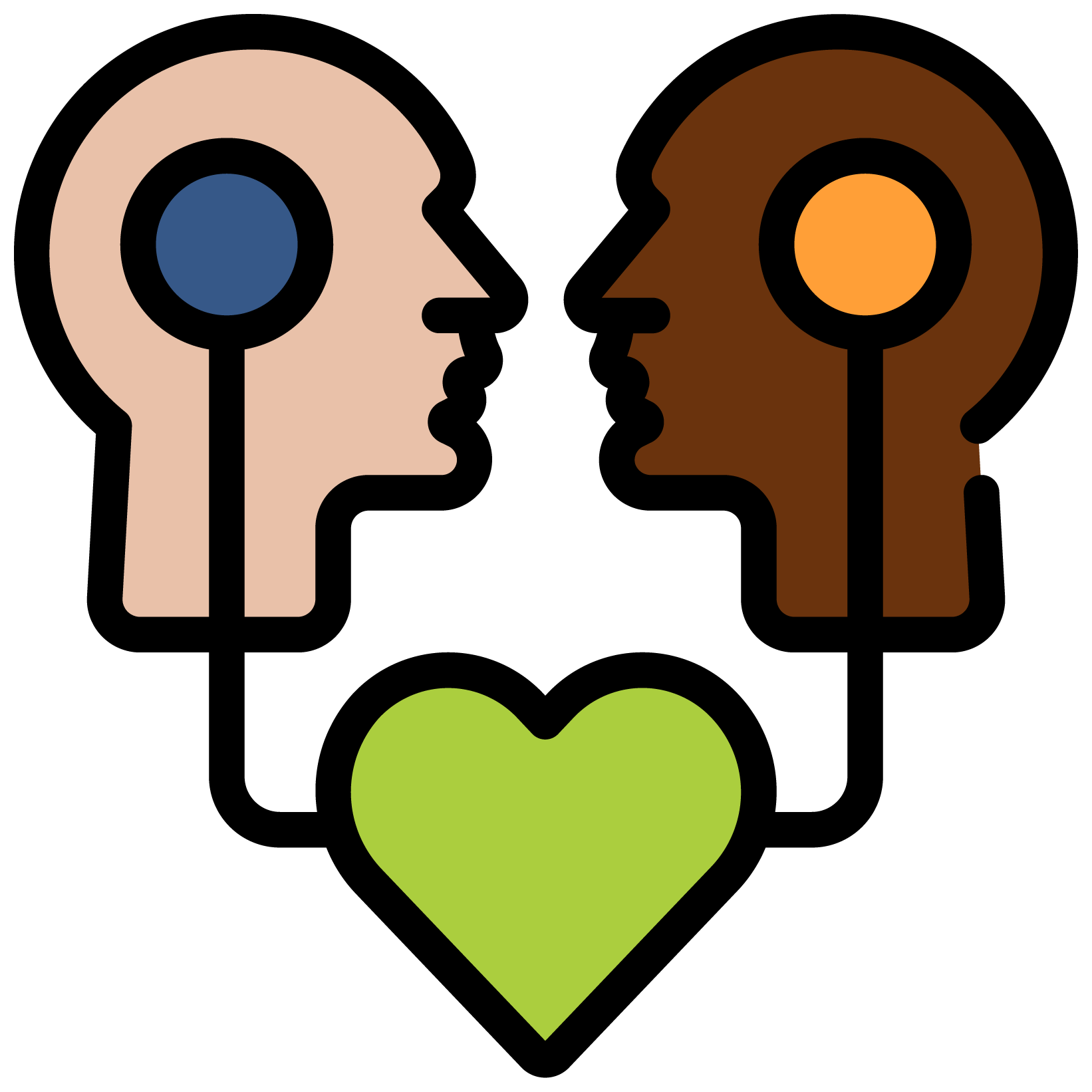 icon with two heads, one white and one black, connected by a line to a green heart in the middle