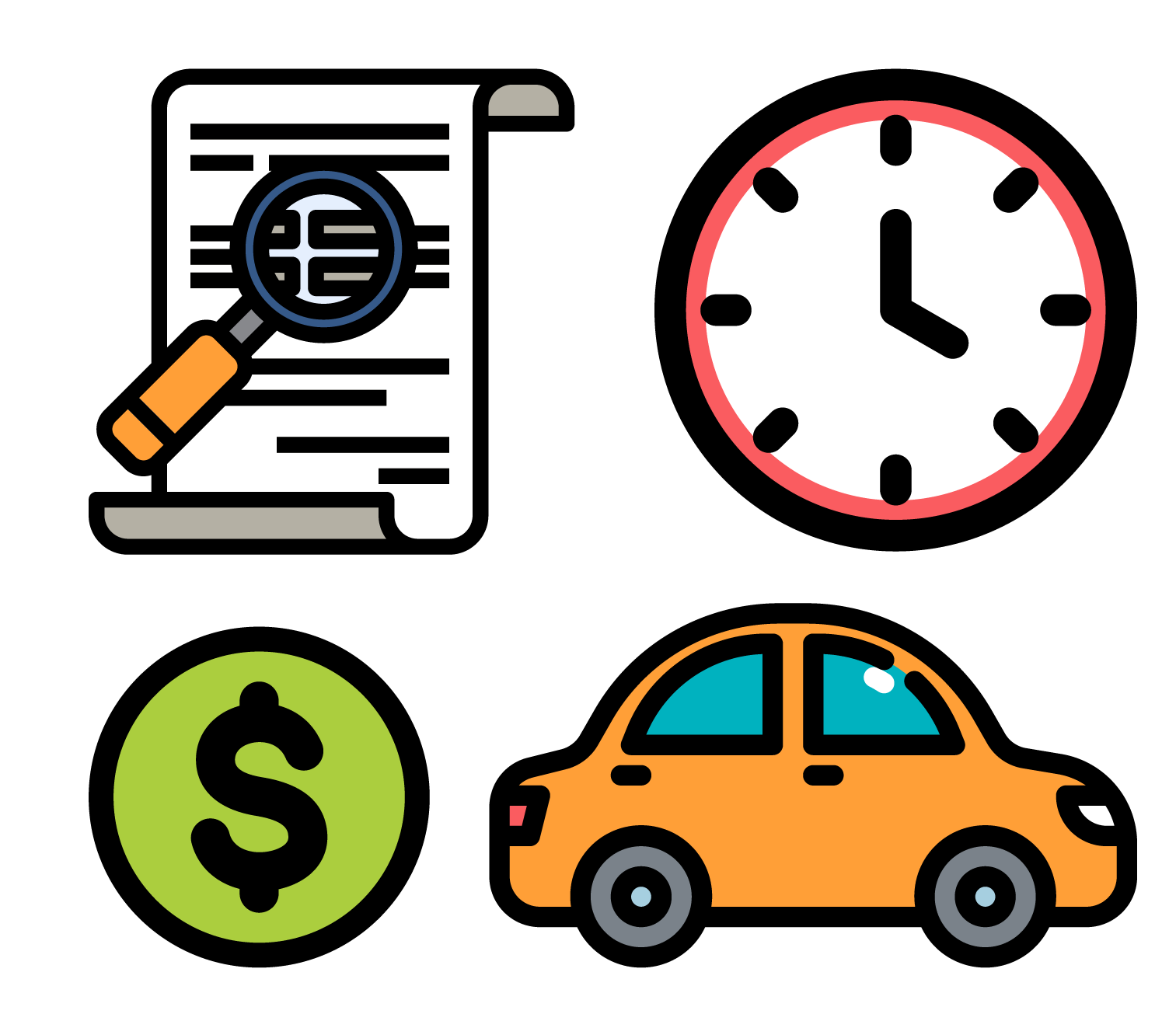 icon of magnifying glass over a piece of paper next to a clock, a dollar sign, and a car