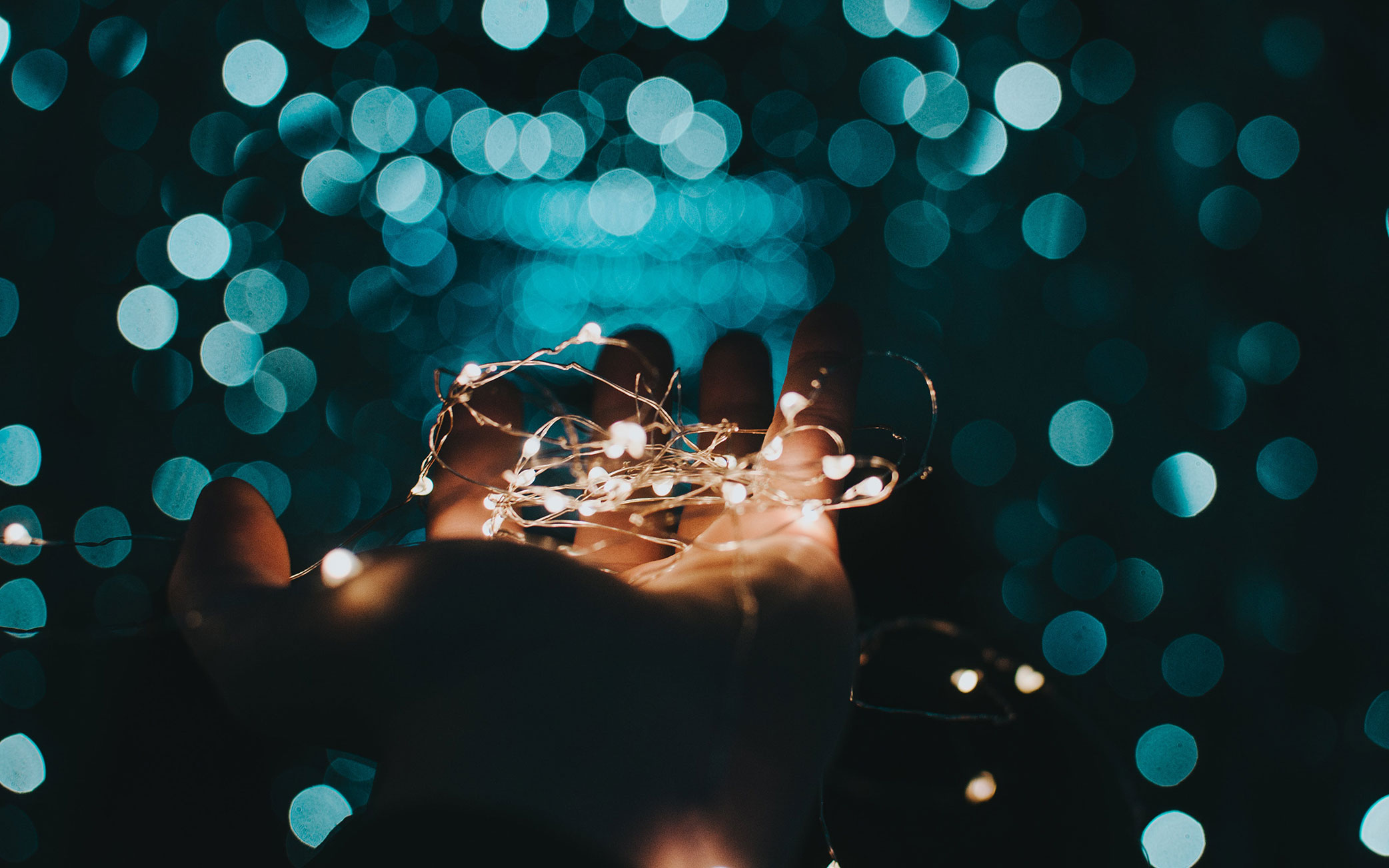 hand holds string of lights in front of blue background