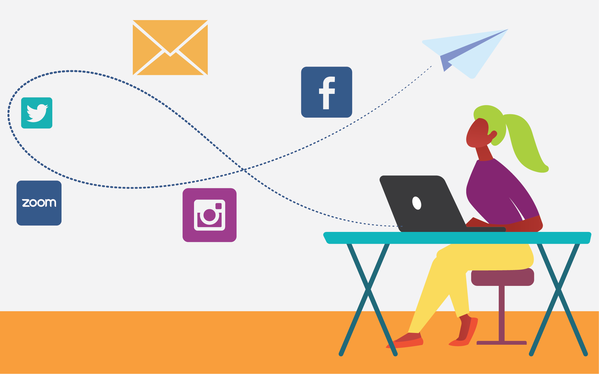 illustration of person at desk with computer and social icons and paper airplane floating in air next to them