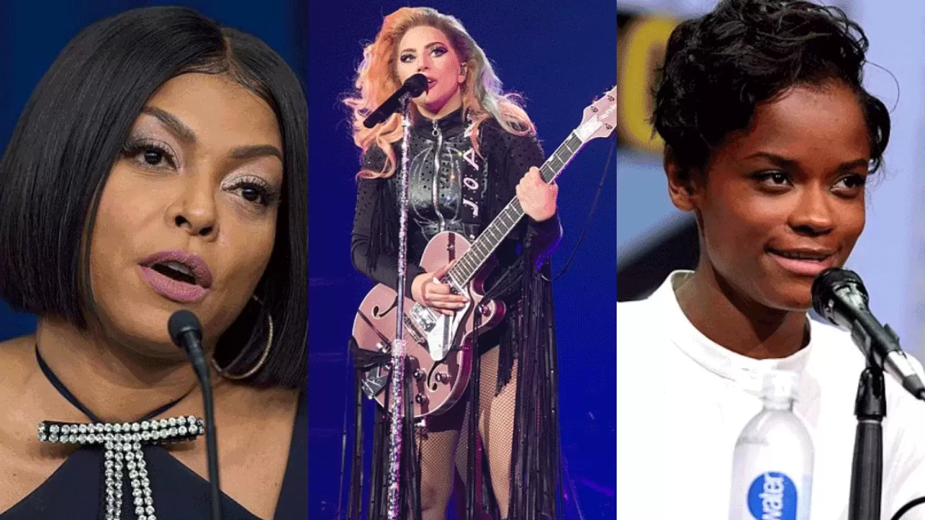 Taraji P. Henson at microphone next to Lady Gaga playing guitar and singing next to Letitia Wright also at microphone