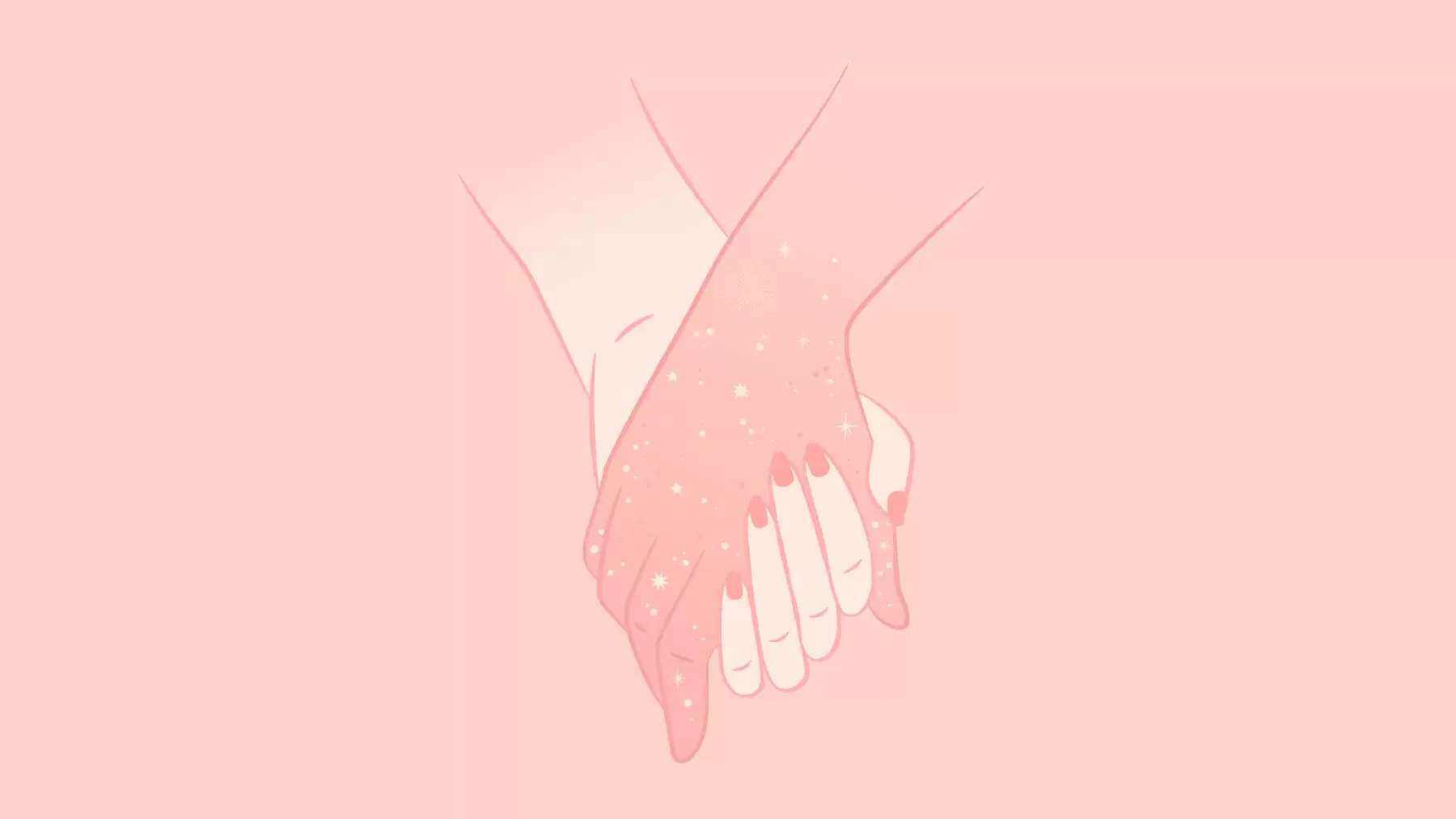 Pink illustration with two hands holding each other.