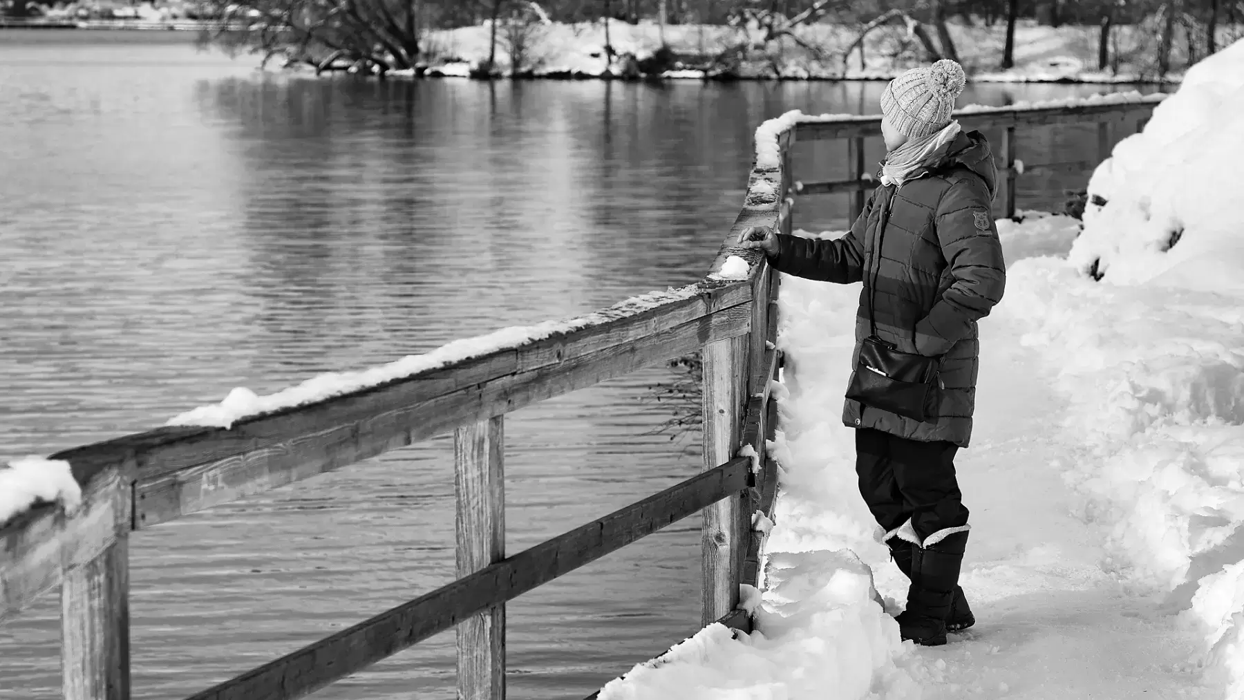 Person in a winter coat standing near a body of water with their hand on a fence.