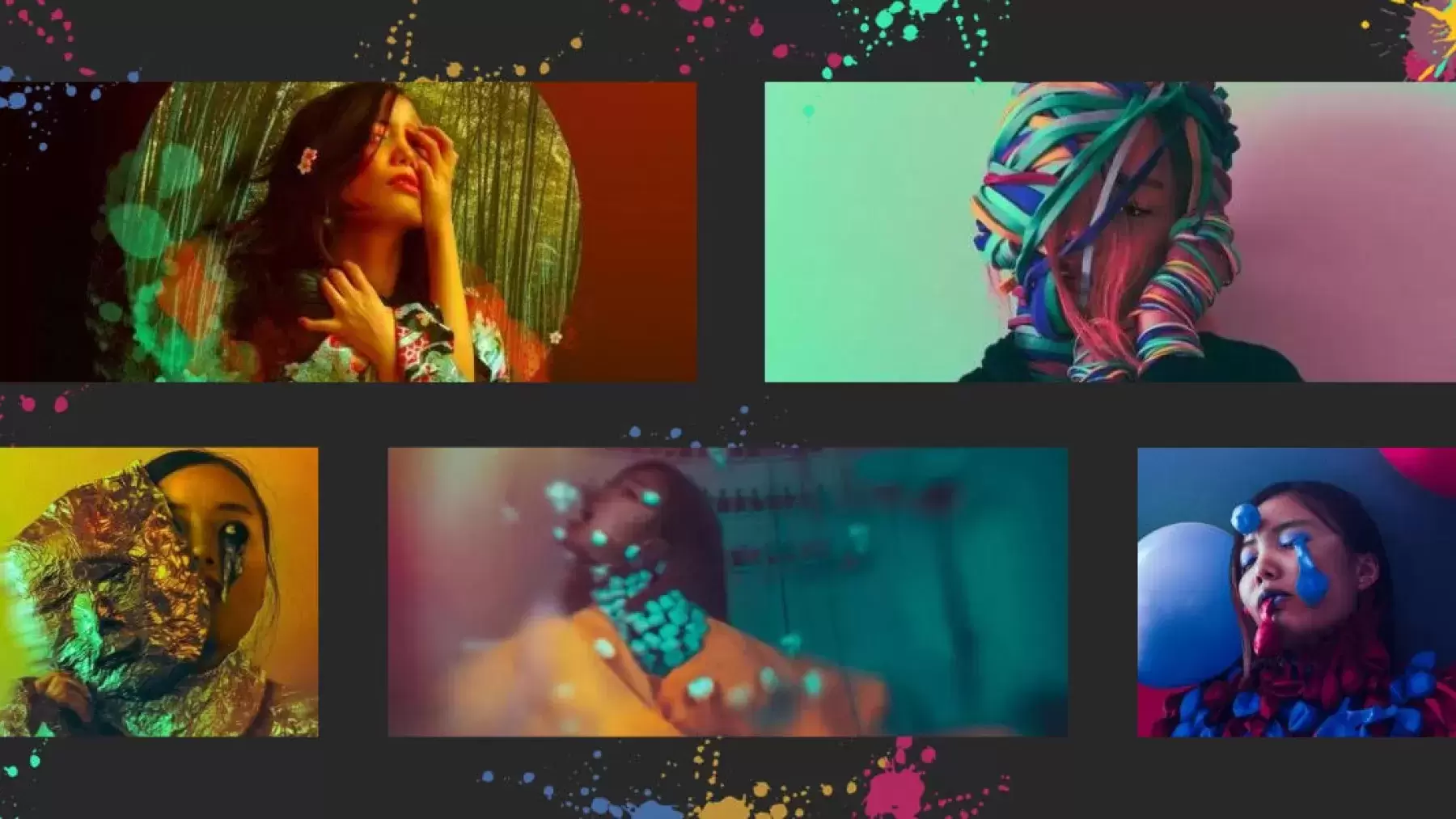collage of artistic images featuring a woman with multiple colors, taking off masks, paint dripping down her face, colored strings covering her face