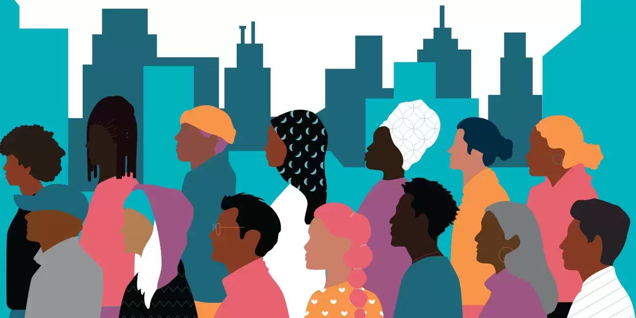 illustration of many people of color in front of buildings