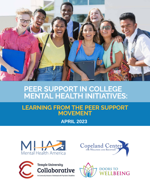 Report cover for Peer Support in College Mental Health Initiatives report
