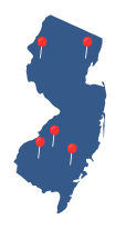 Blue New Jersey shape with red 5 red pins on it indicating counties of Atlantic, Camden, Essex, Gloucester, and Warren