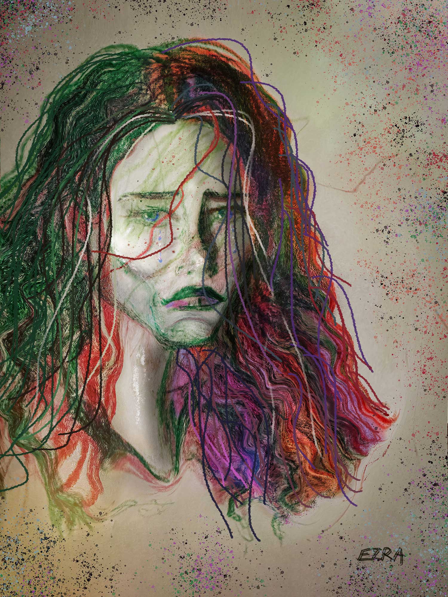 Art of a person with long wavy hair in multiple colors and a sad expression by Ezra from The Giving Gallery