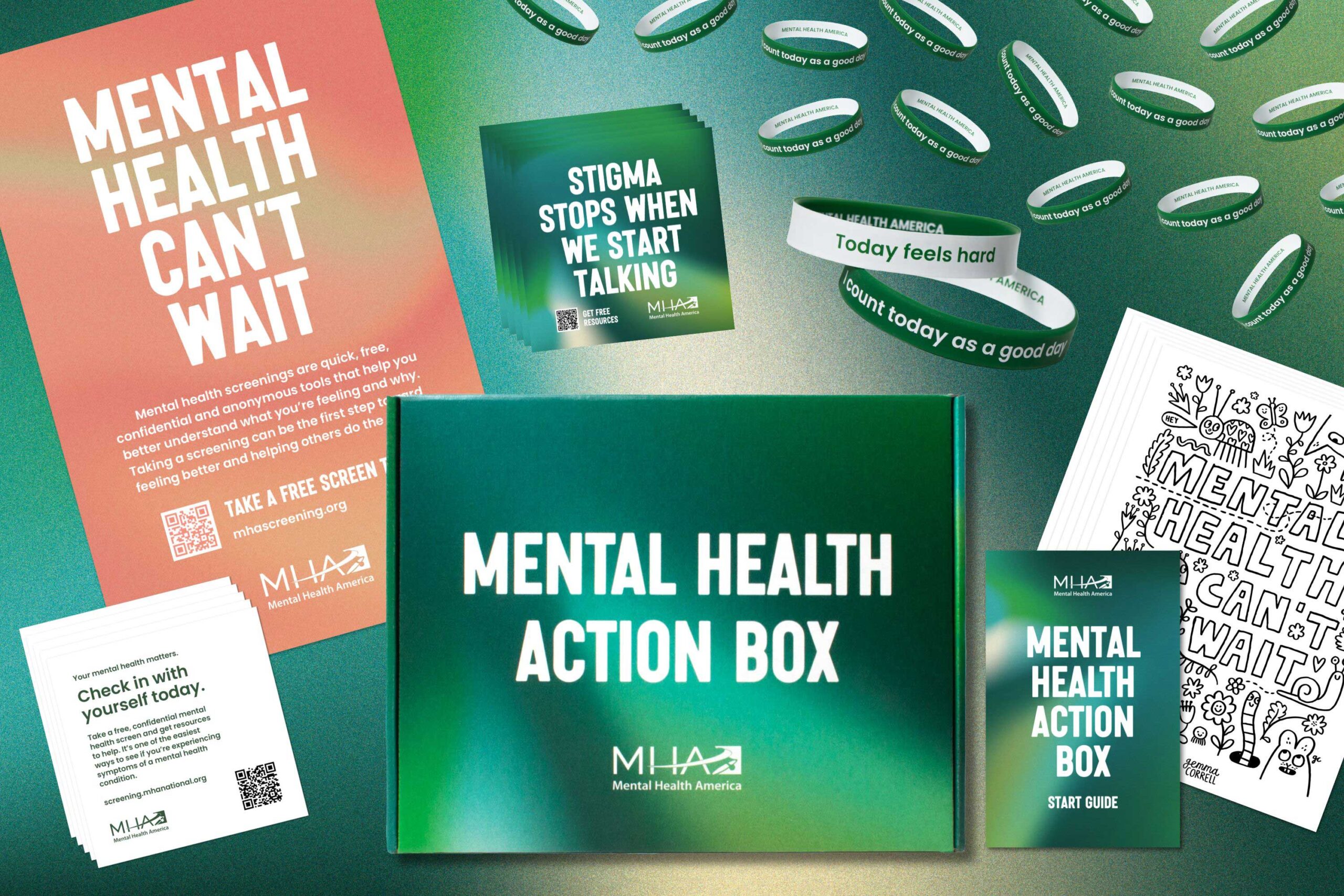 Mental Health Action Box with assorted contents displayed
