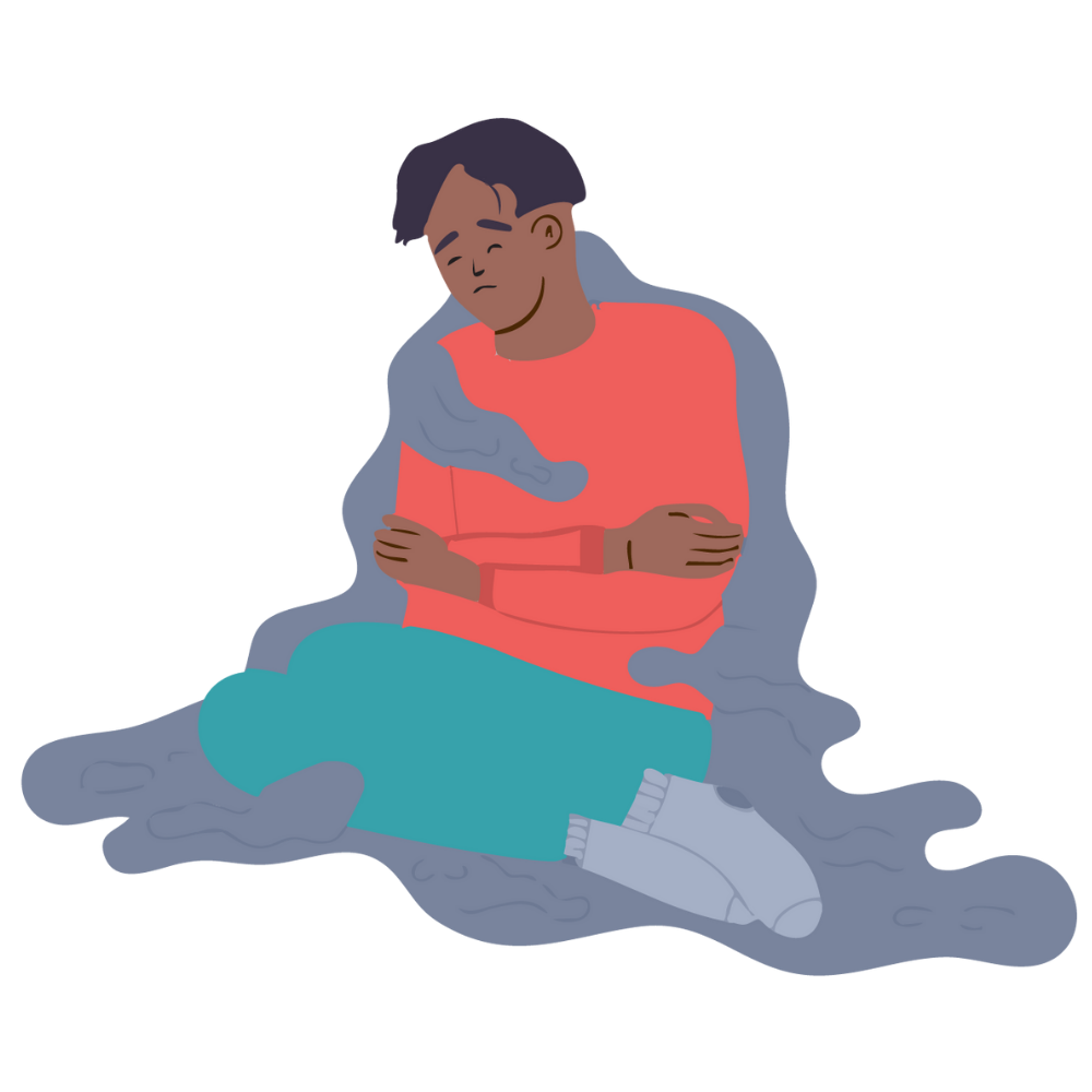 illustration of person hugging themselves surrounded by blankets